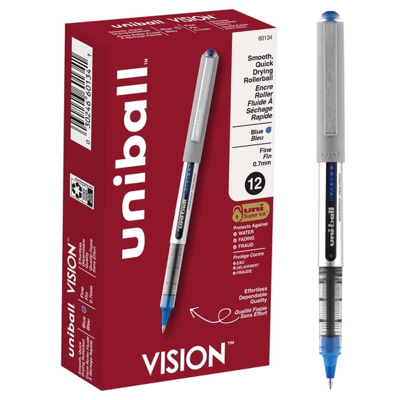 uniball Vision Rollerball Pens, Fine Point (0.7mm), Blue Ink, 12 Count