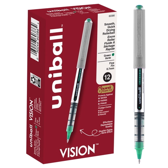 uniball Vision Rollerball Pens, Fine Point (0.7mm), Green Ink, 12 Count