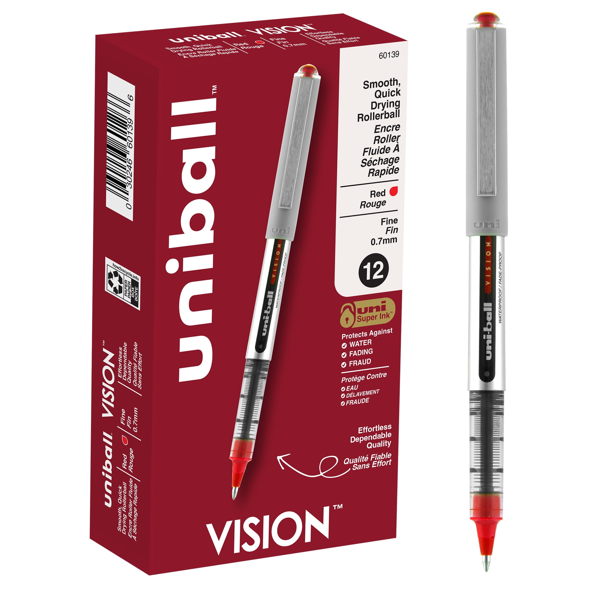 uniball Vision Rollerball Pens, Fine Point (0.7mm), Red Ink, 12 Count