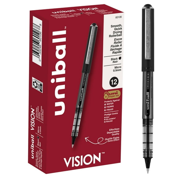 uniball Vision Rollerball Pens, Micro Point (0.5mm), Black Ink, 12 Count