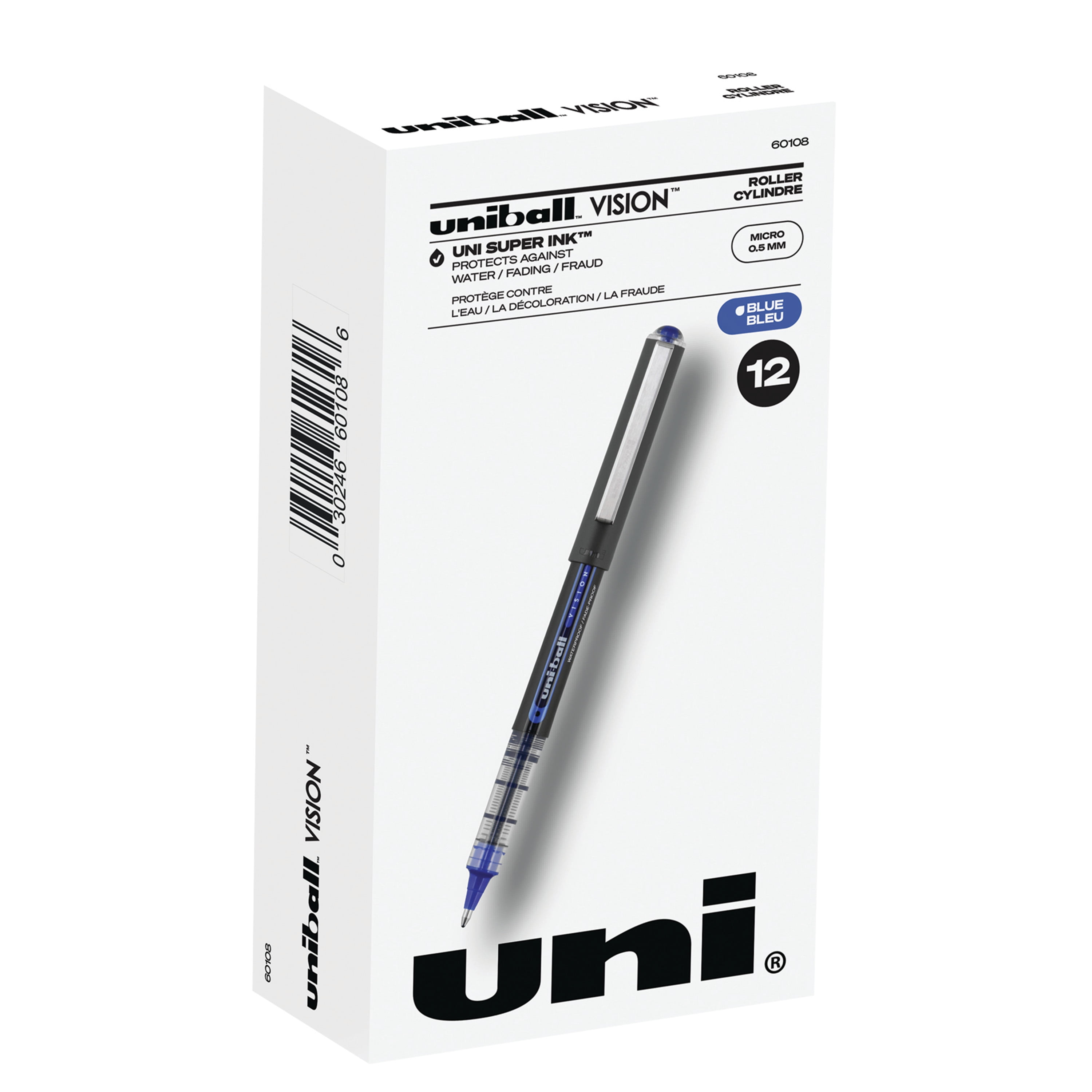Uniball Vision Rollerball Pens, Micro Point (0.5mm), Blue Ink, 12 Count 