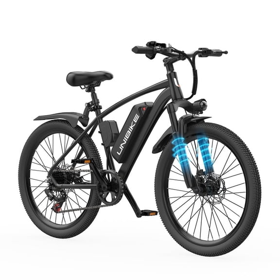 Unibike 400W Electric Bike for Adults, 26'' Mountain Ebikes, 36V10AH Removable Battery, 7-Speed E-Bicycle, Front Suspension, Black
