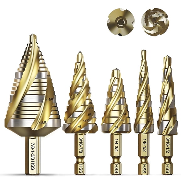 Unibit Step Drill bit for Metal, HSS Step bit Set, 1/8"-1-3/8"5-Piece | Four Spiral Flute, Bright Ground & Nitrided Finish, 59 Sizes, 1/4" & 3/8" Hex Shank, for Metal, Wood, Plastic, Storage Case
