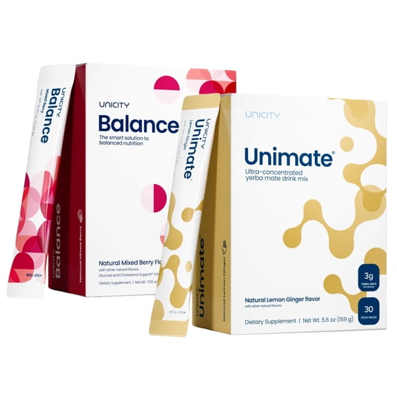 Unicity Balance And Unimate Drink Mix 2 Pack Unicity Balance Mixed Berry + Unimate Lemon Ginger (2 Boxes) (7.25g) 60 Stick Packs