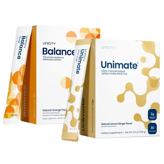 Unicity Balance And Unimate Drink Mix 2 Pack Unicity Balance Natural Orange + Unimate Lemon Ginger (2 Boxes) (7.25g) 60 Stick Packs