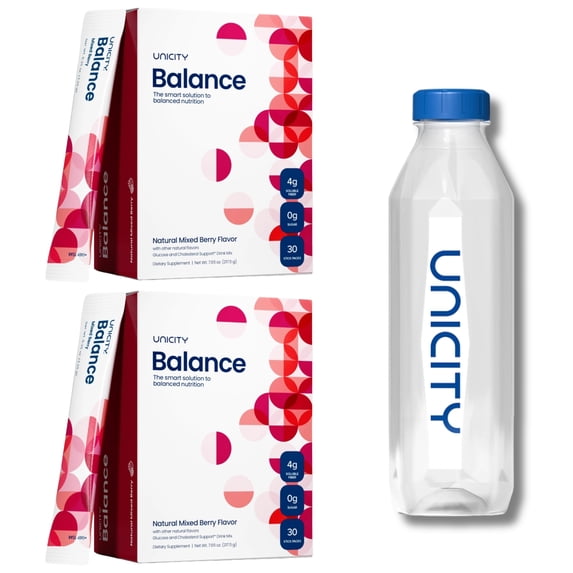 Unicity Balance Mixed Berry Drink Mix 2 Box Pack with Bottle, 60 Sachets Total, Fiber Drink Mix Powder, Reusable Mixing Bottle Included, Instant Berry Beverage, Low Calorie for Men & Women