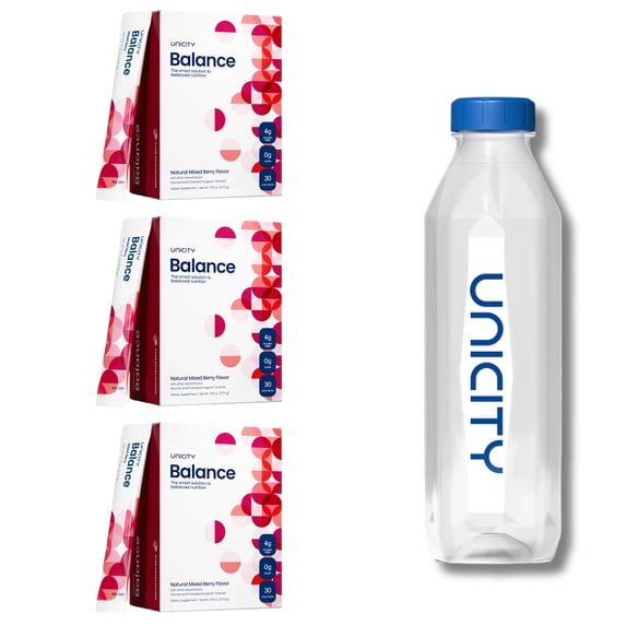 Unicity Balance Mixed Berry Drink Mix 3 Box Pack with Bottle, 90 Sachets Total, Fiber Drink Mix Powder, Reusable Mixing Bottle Included, Instant Berry Beverage, Low Calorie for Men & Women