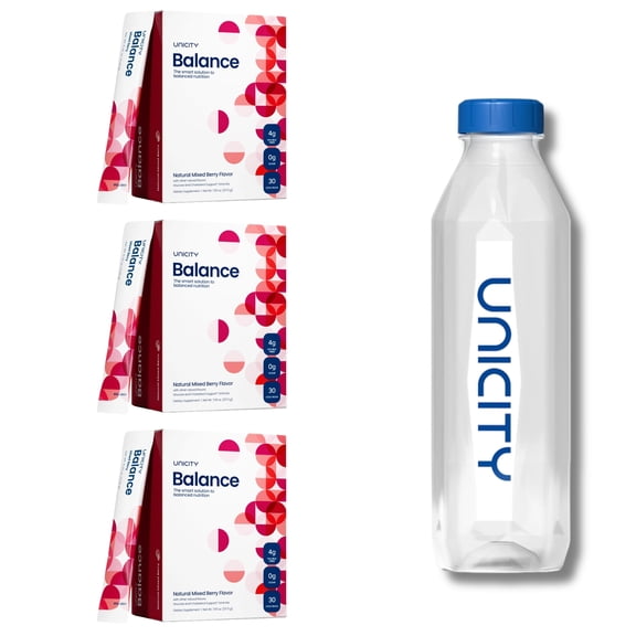 Unicity Balance Mixed Berry Drink Mix 3 Box Pack with Bottle, 90 Sachets Total, Fiber Drink Mix Powder, Reusable Mixing Bottle Included, Instant Berry Beverage, Low Calorie for Men & Women