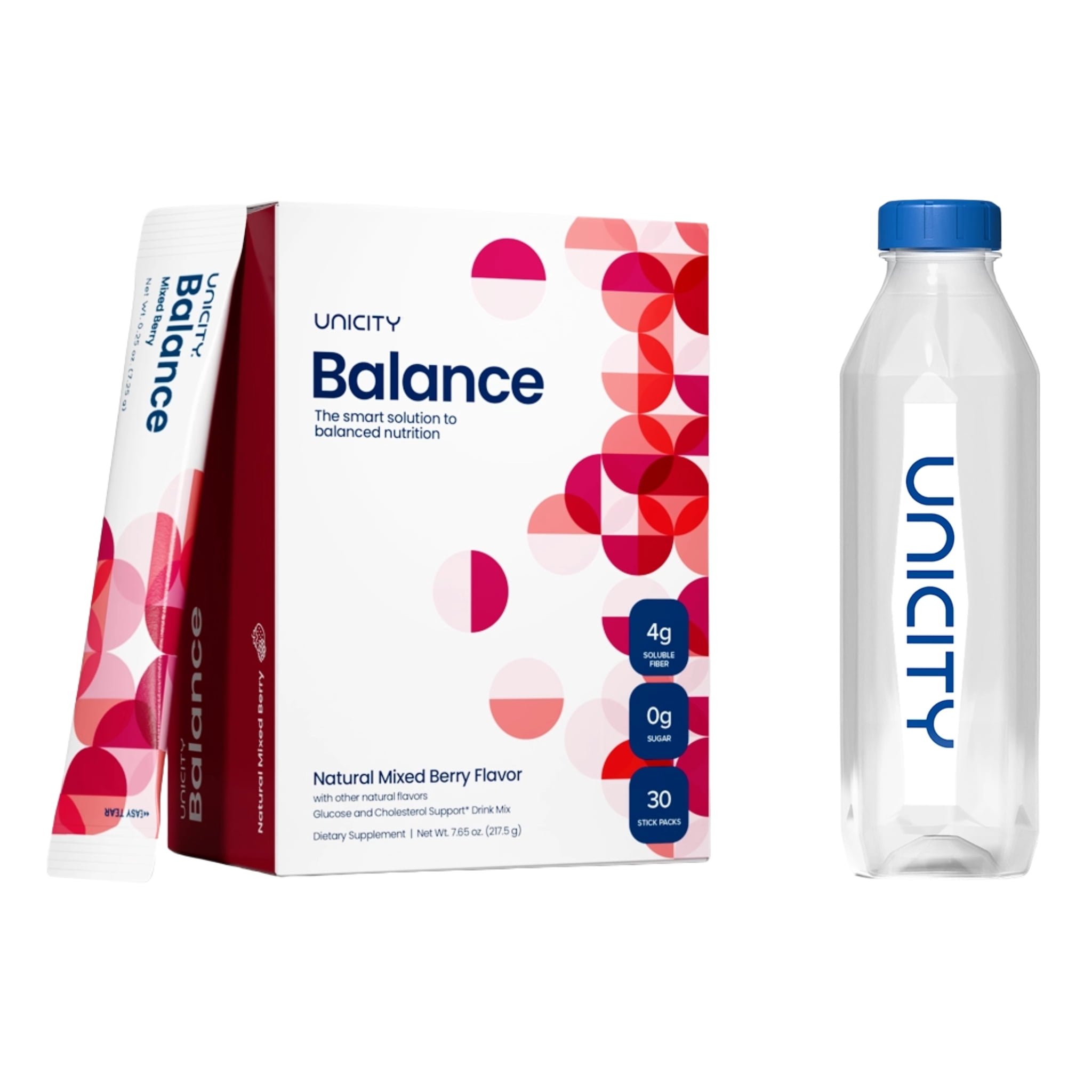 Unicity Balance Mixed Berry Drink Mix with Bottle, 30 Sachets, Fiber Drink Mix Powder, Reusable Mixing Bottle Included, Instant Berry Beverage, Low Calorie Daily Drink Mix for Men & Women