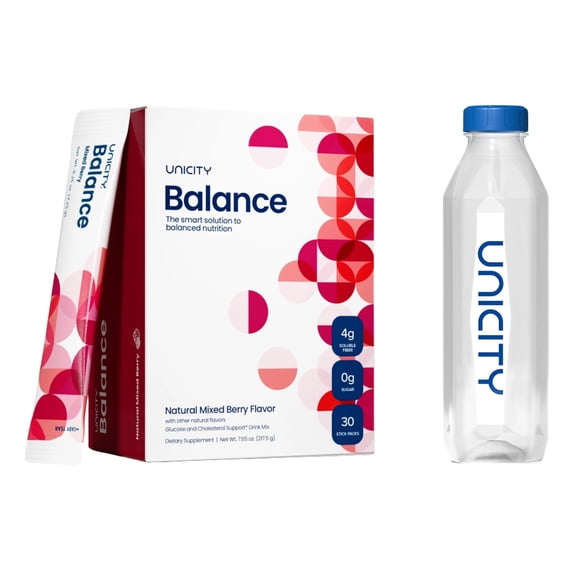 Unicity Balance Mixed Berry Drink Mix with Bottle, 30 Sachets, Fiber Drink Mix Powder, Reusable Mixing Bottle Included, Instant Berry Beverage, Low Calorie Daily Drink Mix for Men & Women
