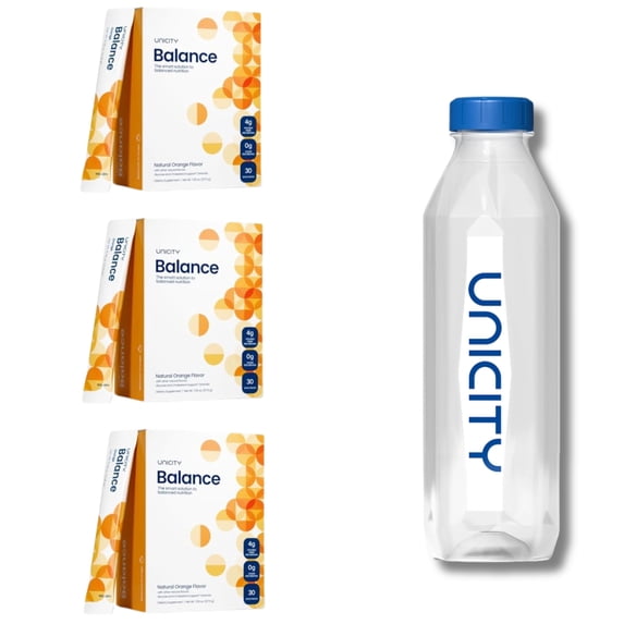 Unicity Balance Orange Drink Mix 3 Box Pack with Bottle, 90 Sachets Total, Fiber Drink Mix Powder, Reusable Mixing Bottle Included, Instant Orange Beverage, Low Calorie for Men & Women