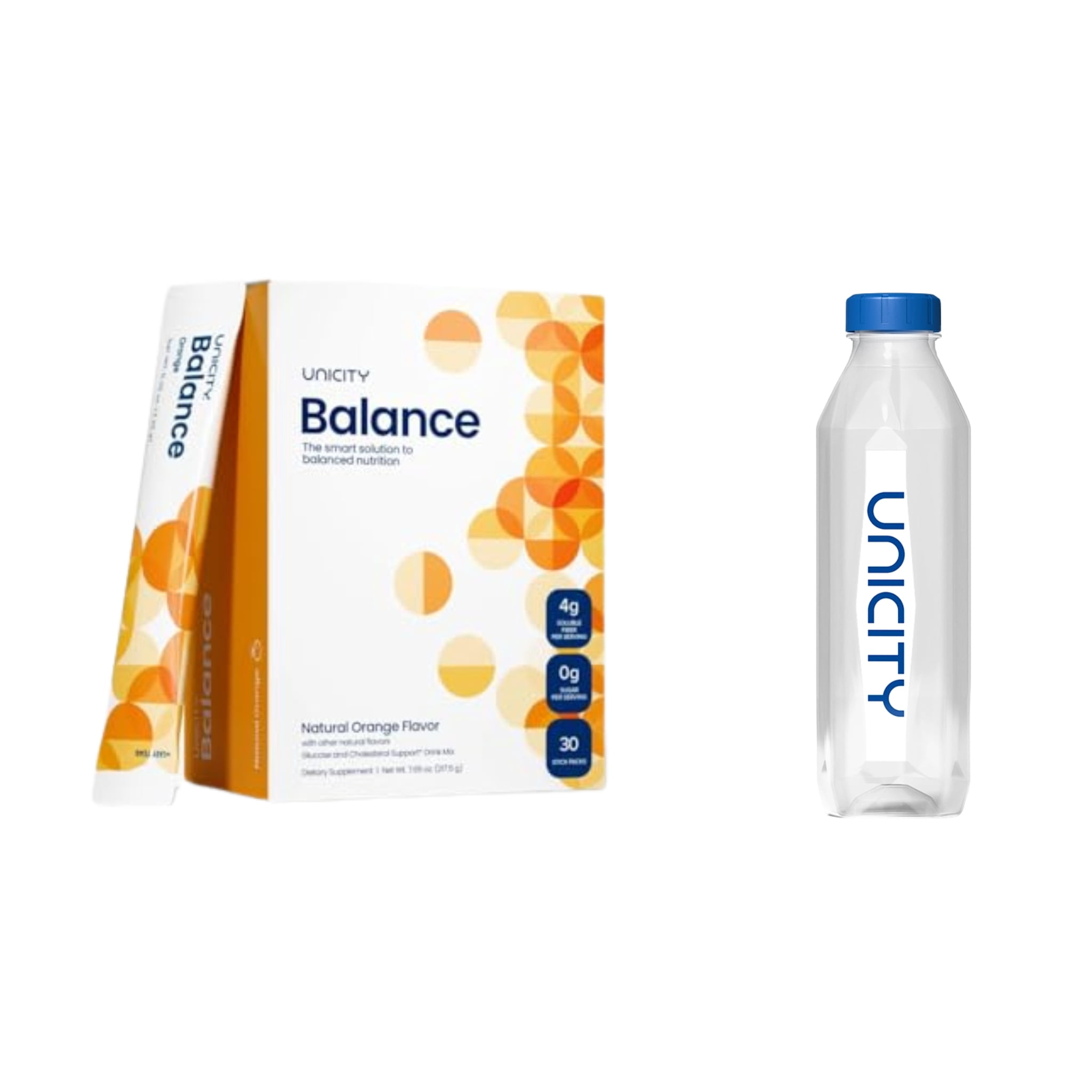 Unicity Balance Orange Drink Mix with Unicity Bottle, 30 Sachets, Fiber Drink Mix Powder, Reusable Mixing Bottle Included, Instant Orange Beverage, Low Calorie Daily Drink Mix for Men & Women