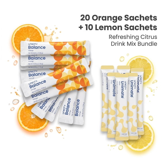 Unicity Drink Mix Combo Pack, Orange Balance (20 Sachets) & Lemon Unimate (10 Sachets), Fiber Citrus Beverage Powder, Low Calorie Daily Drink Mix, Travel Friendly for Men & Women