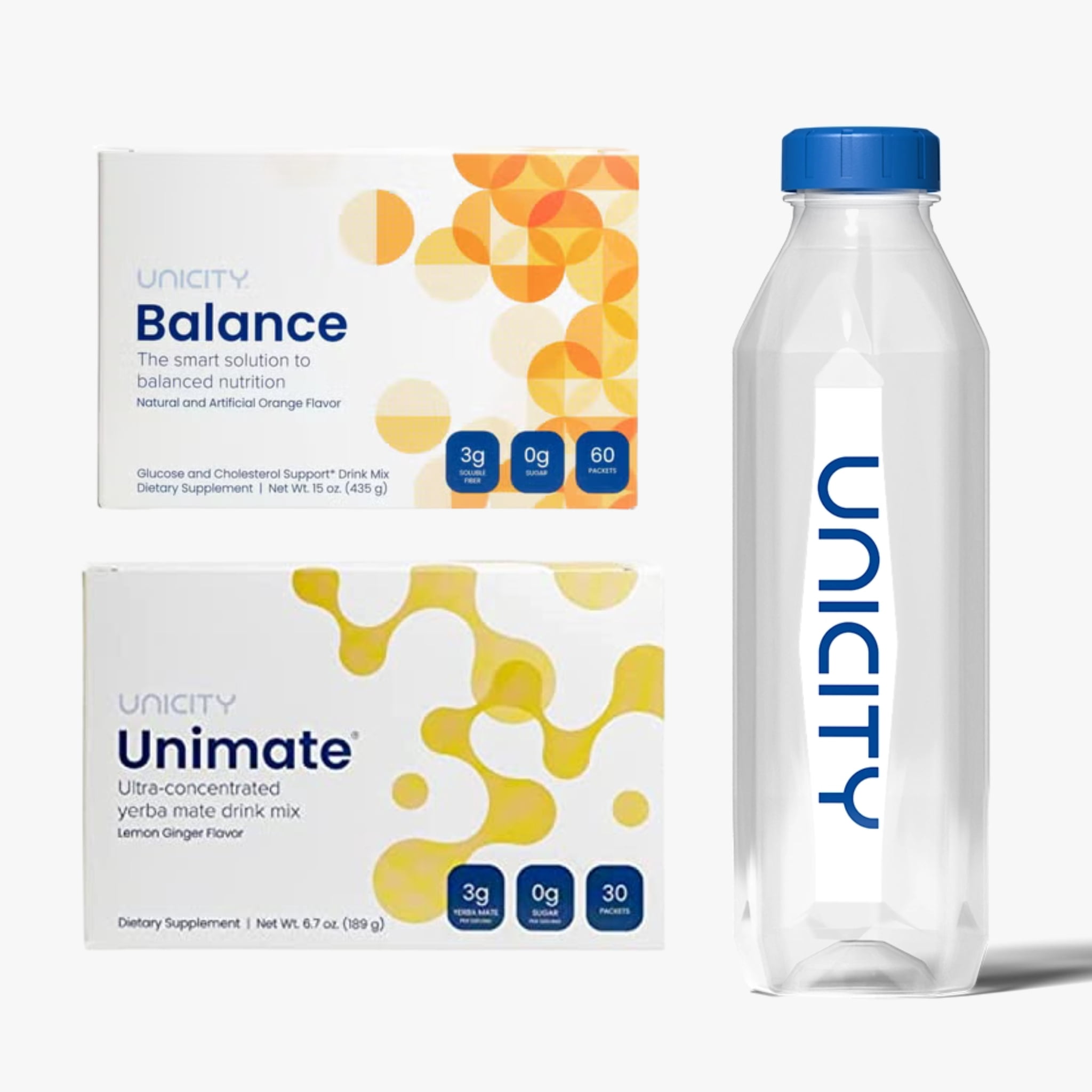 Unicity Drink Mix Duo Pack with Bottle : 1 Orange Box (30 sachets