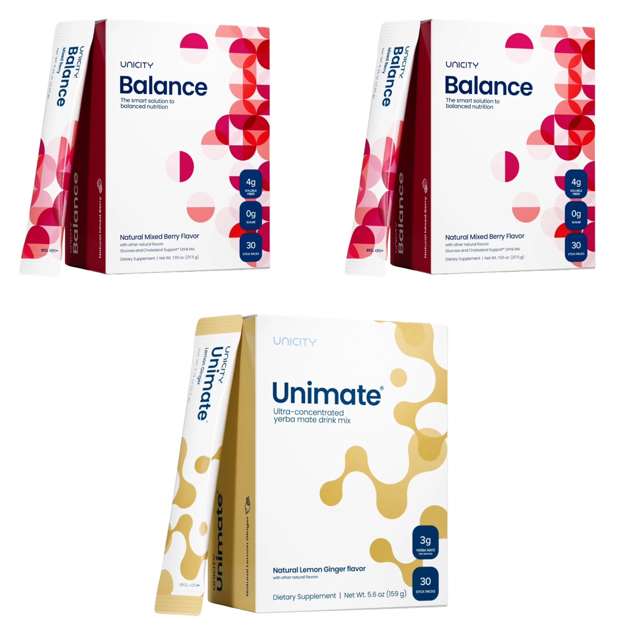 Unicity Drink Mix Trio Pack, Mixed Berry (2) & Lemon Ginger (1), 90 Sachets Total (3 Boxes x 30), Instant Beverage Powder, Low Calorie Daily Drink Mix, Travel Friendly for Men & Women