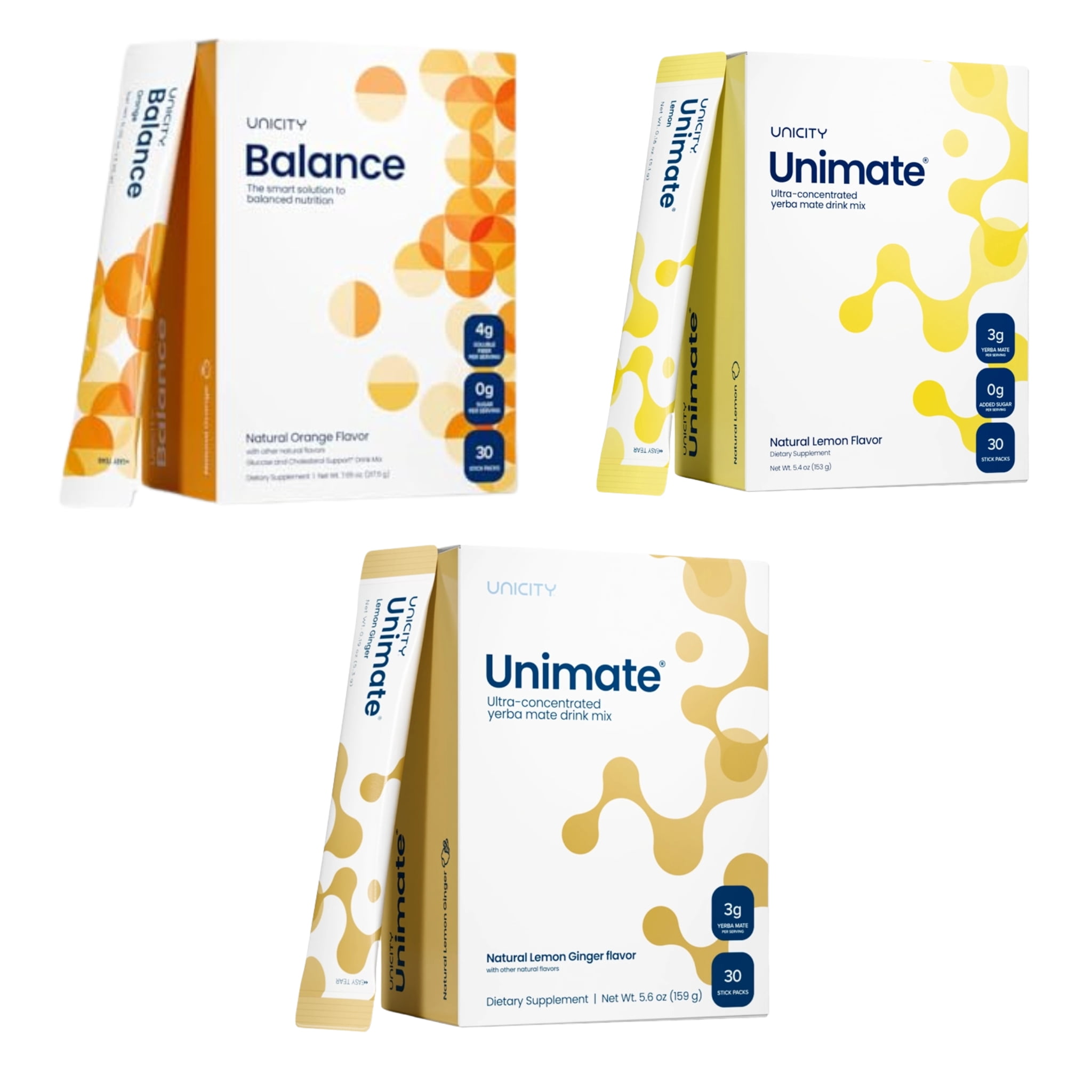 Unicity Drink Mix Trio Pack, Orange Balance, Lemon Unimate & Ginger Unimate, 90 Sachets Total (3 Boxes x 30), Fiber Citrus Ginger Beverage Powder, Low Calorie Daily Drink Mix for Men & Women