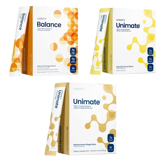 Unicity Drink Mix Trio Pack, Orange Balance, Lemon Unimate & Ginger Unimate, 90 Sachets Total (3 Boxes x 30), Fiber Citrus Ginger Beverage Powder, Low Calorie Daily Drink Mix for Men & Women