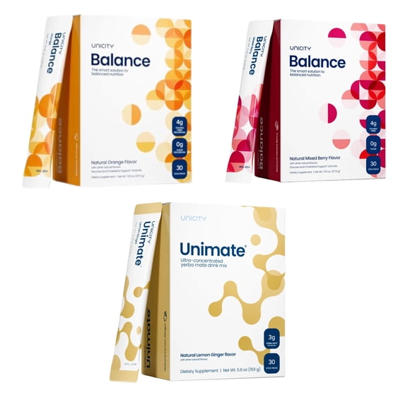 Unicity Drink Mix Trio Pack, Orange Balance, Mixed Berry Balance & Ginger Unimate, 90 Sachets Total (3 Boxes x 30), Fiber & Ginger Beverage Powder, Low Calorie Daily Drink Mix for Men & Women