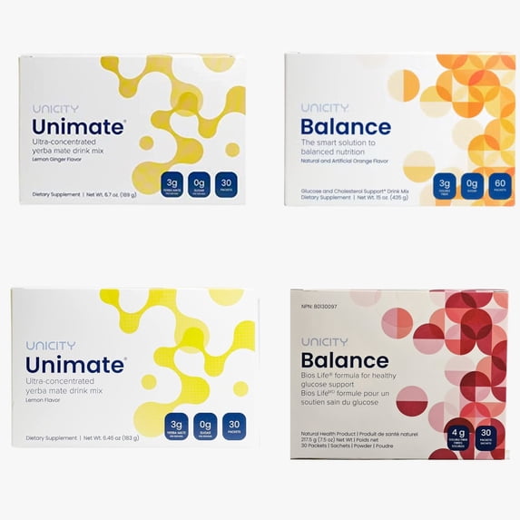 Unicity Drink Mix Variety Pack with Bottle, Orange Balance, Lemon, Lemon Ginger & Mixed Berry, 120 Sachets Total (4 Boxes x 30), Fiber & Citrus Beverage Powder, Low Calorie for Men & Women