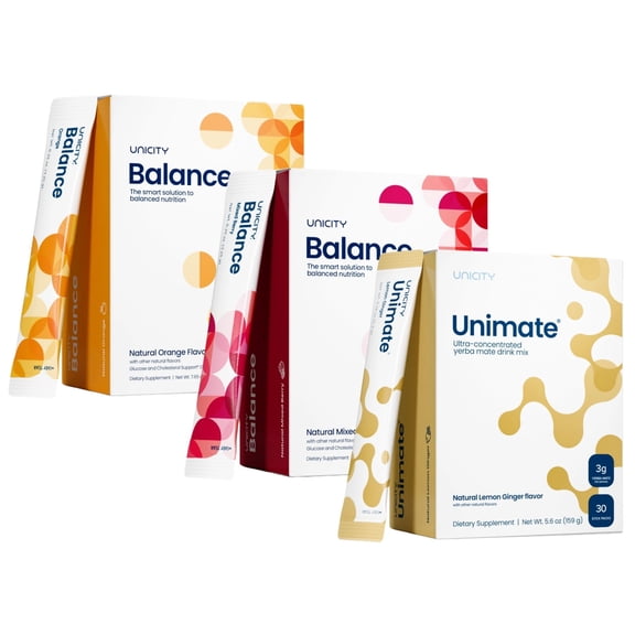 Unicity Feel Great Balance Drink Mix 3 Pack Unicity Balance Mixed Berry and Natural Orange +Unimate Lemon Ginger (3 Boxes) (7.25g) 60 Stick Packs