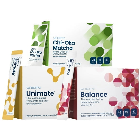 Unicity Trio Pack: Balance Mixed Berry and Unimate Lemon Ginger Lemon with Chi-oka matcha 1 Box each (90 Packets)