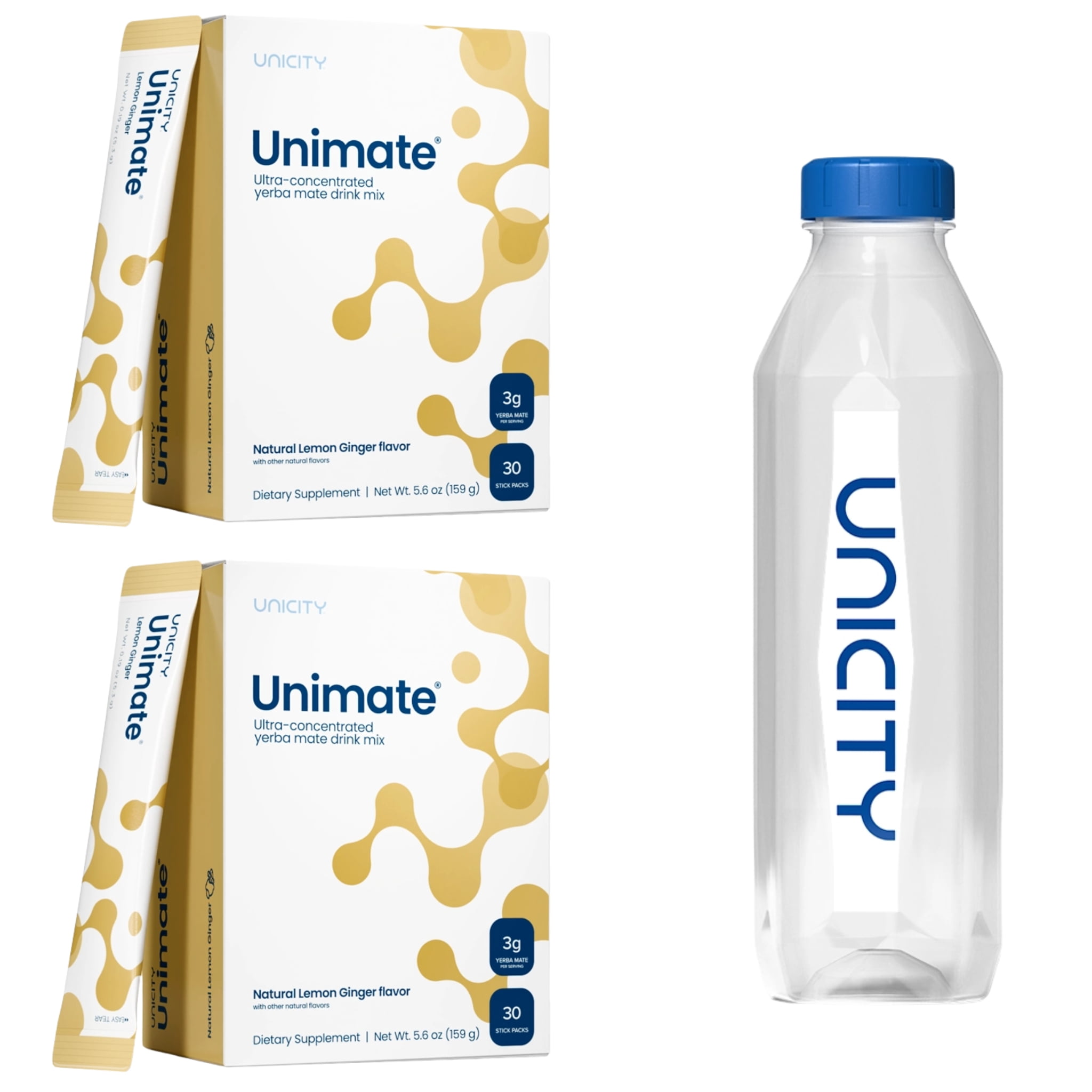Unicity Unimate Ginger Drink Mix 2 Box Pack with Bottle, 60 Sachets Total, Instant Ginger Beverage Powder, Reusable Mixing Bottle Included, Low Calorie Daily Drink Mix for Men & Women