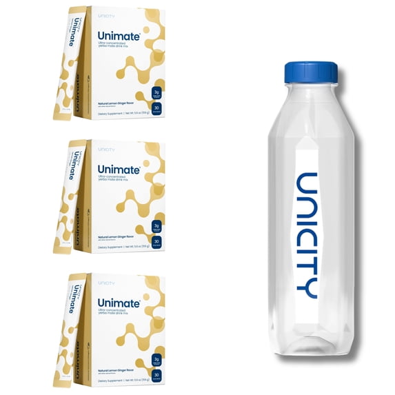 Unicity Unimate Ginger Drink Mix 3 Box Pack with Bottle, 90 Sachets Total, Instant Ginger Beverage Powder, Reusable Mixing Bottle Included, Low Calorie Daily Drink Mix for Men & Women
