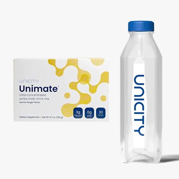 Unicity Unimate Lemon Drink Mix with Bottle, 30 Sachets, Instant Lemon Beverage Powder, Reusable Mixing Bottle Included, Low Calorie Daily Drink Mix, Travel Friendly for Men & Women