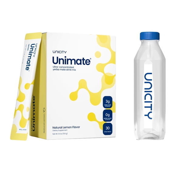 Unicity Unimate Lemon Drink Mix with Bottle, 30 Sachets, Instant Lemon Beverage Powder, Reusable Mixing Bottle Included, Low Calorie Daily Drink Mix, Travel Friendly for Men & Women