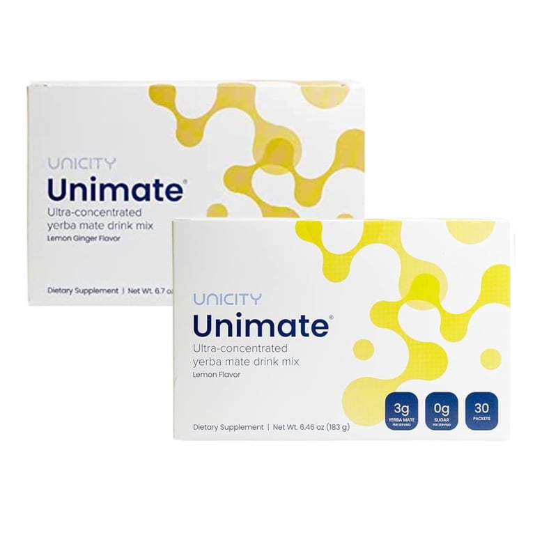 Unicity Unimate Lemon & Lemon Ginger Drink Mix Duo Pack, 60 Sachets Total (2 Boxes x 30), Citrus Ginger Beverage Powder, Low Calorie Daily Drink Mix, 
