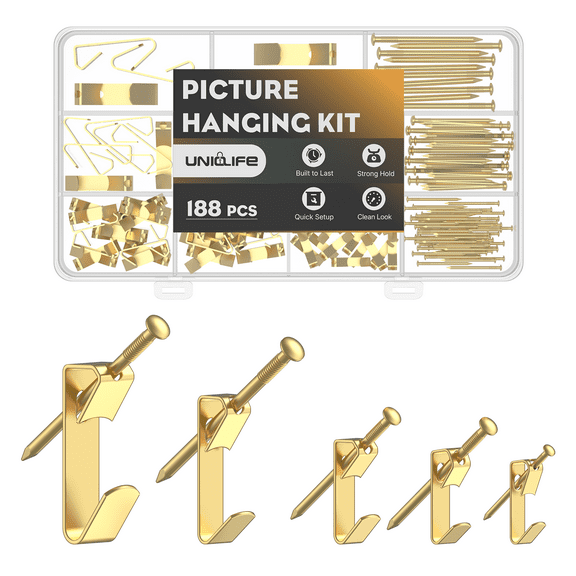 Uniclife 188 Pcs Picture Hanging Kit, 10 lb, 20 lb, 30 lb, 50 lb, 100 lb Heavy Duty Picture Hangers for Drywall & Wood, Picture Hanging Hooks, Frame Hooks for Hanging Photos Mirrors Paintings