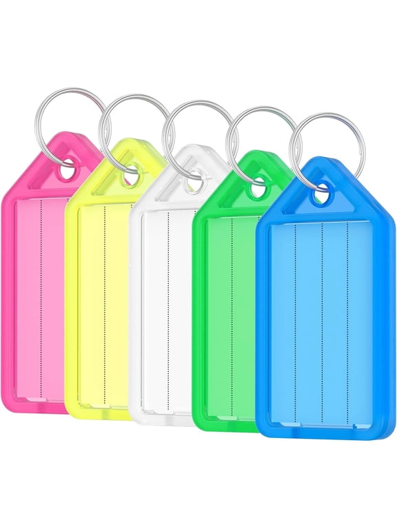 Uniclife 20 Pieces Key Tags 5 cm Plastic Key Chain Tags with Ruled Blank Paper Labels Transparent Covers and Split Rings Sturdy Item Identifiers, 5 Colors