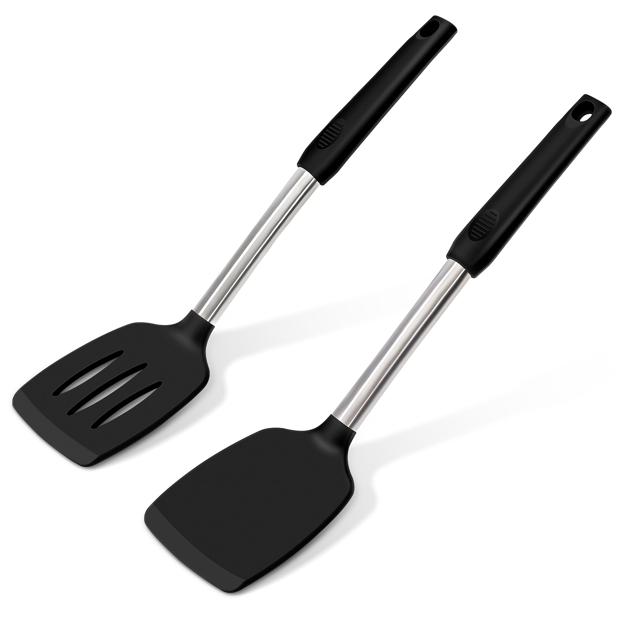 Unicook 2 Pack Silicone Spatula Turners, Non Stick Solid & Slotted Cooking Spatula Set, Pancake Turners, Kitchen Cooking Utensils, Black