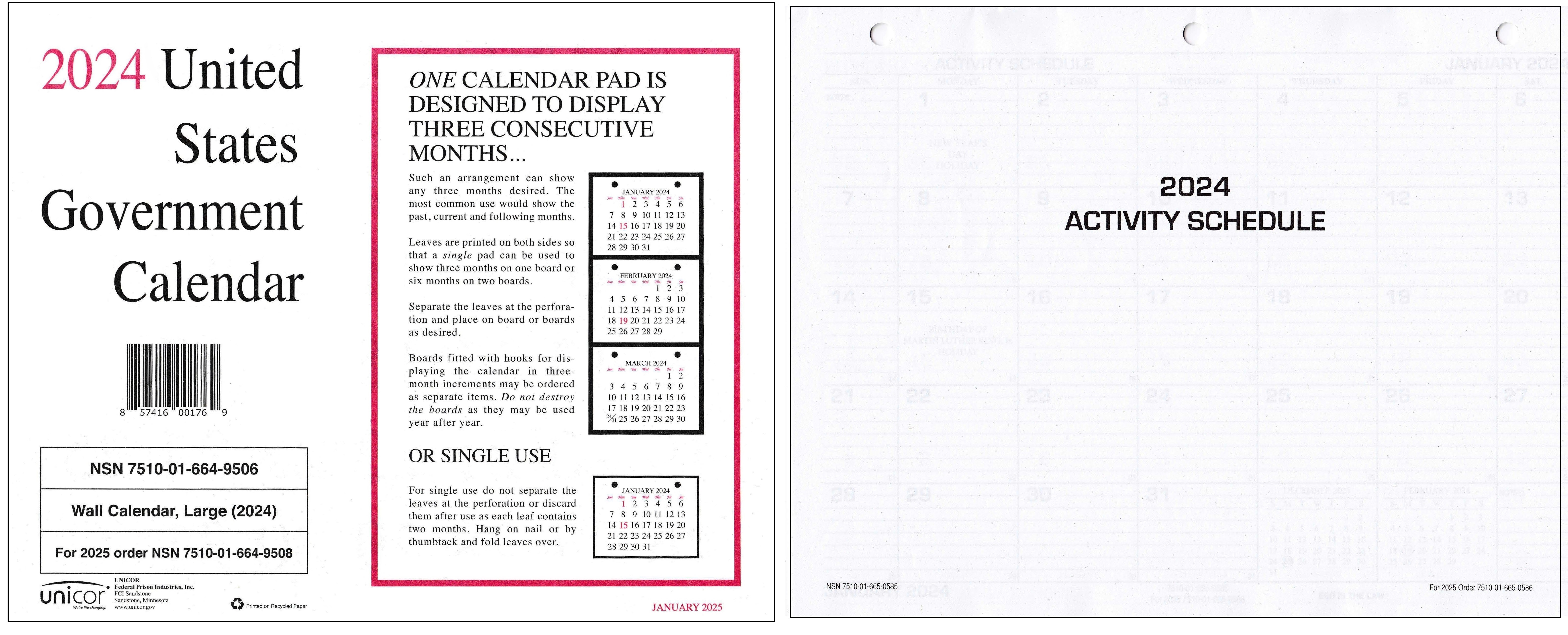 Unicor 2024 Fed Activity Schedule + Unicor 2024 Wall Calendar Set