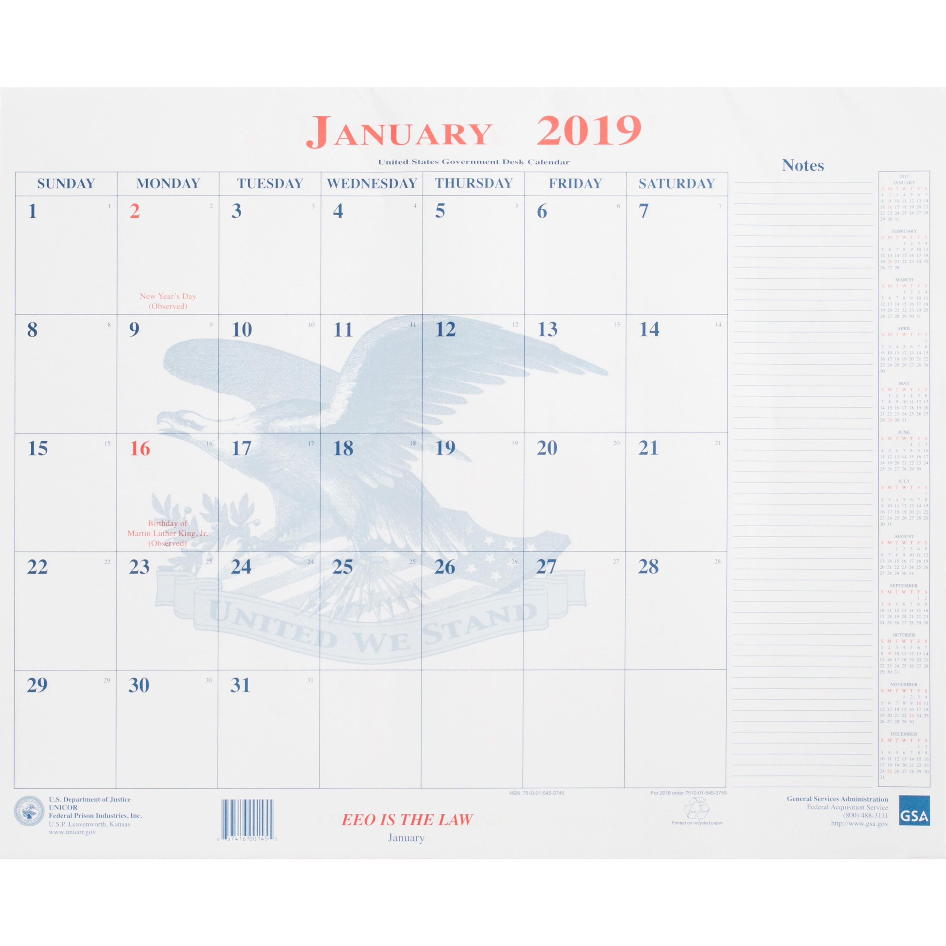 Unicor Blotter Style Monthly Calendar Pad