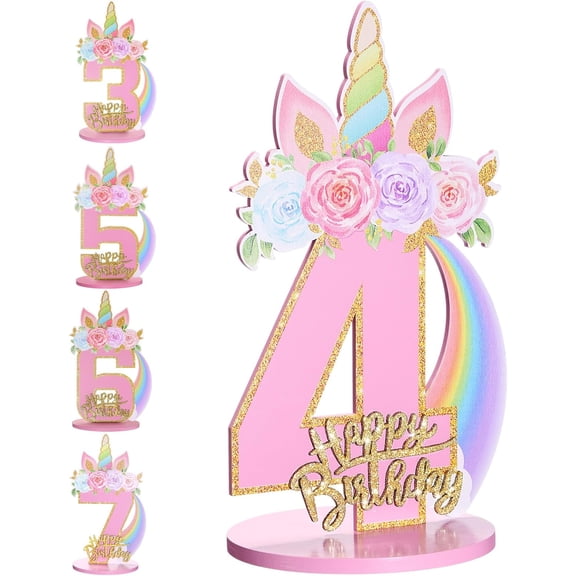 Unicorn 1/2/3/4/5/6/7/8/9th Birthday Number Sign Centerpiece for Girls 11.8 Inch Wooden Table Decoration Unicorn Party Supplies for Kids Anniversary Birthday(Number 4)