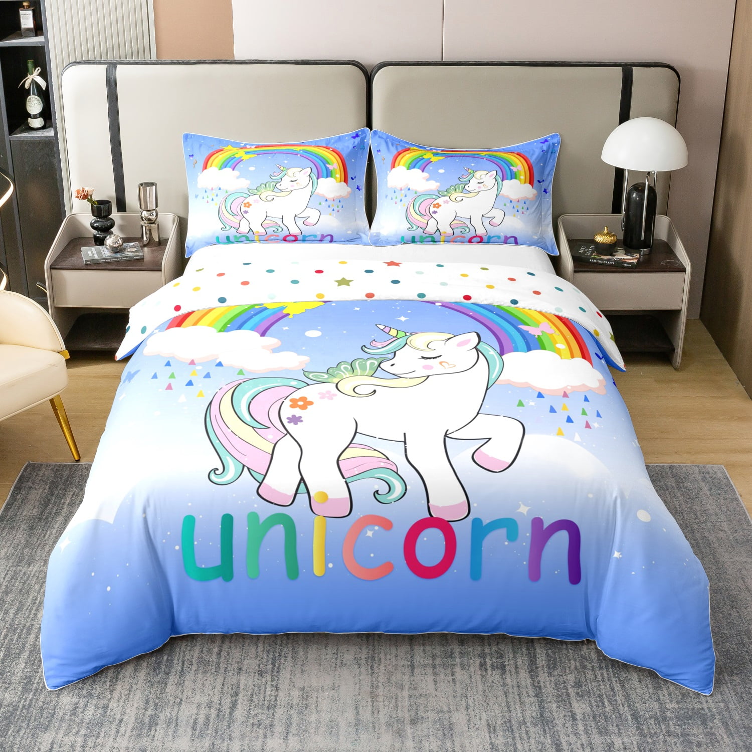 100 Cotton Unicorn Bedding Twin for Girls Kawaii Rainbow Unicorn Duvet Cover Kids Galaxy Stars Comforter Cover White Horse Floral Quilt Cover Reverse
