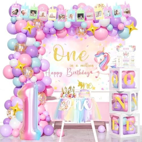 Unicorn 1st Birthday Decorations for Girls, 1st Birthday Decorations Girl, Unicorn One in a Million Backdrop Balloon Banner Box Crown Poster for Pastel One Year Old Party Supplies