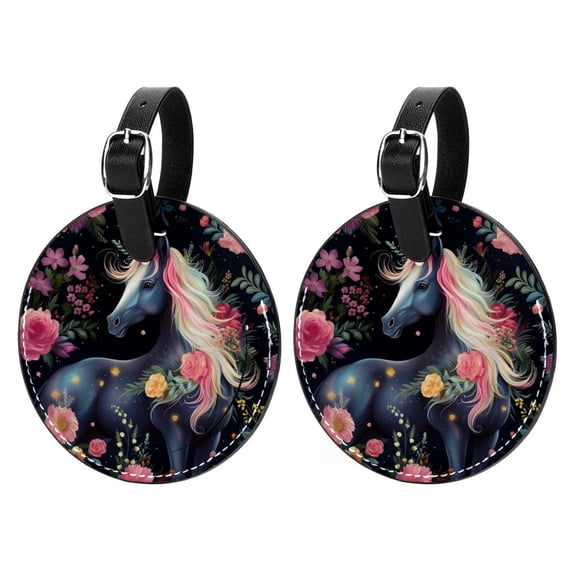 Unicorn 2Pcs PU Leather Round Luggage Tags with Privacy Cover and Name ID Tag for Suitcase, Handbags, Backpacks, School Bags