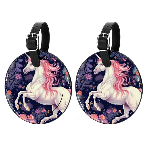 Unicorn 2Pcs PU Leather Round Luggage Tags with Privacy Cover and Name ID Tag for Suitcase, Handbags, Backpacks, School Bags