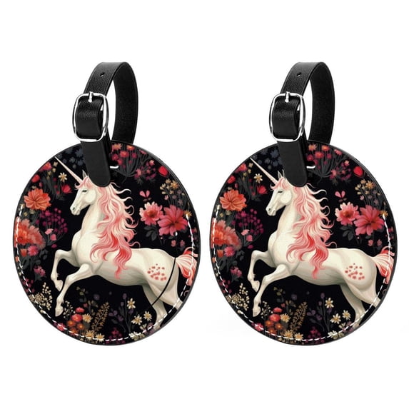 Unicorn 2pcs PU Leather Round Bag Tags Suitcase Handbag Tags with Privacy Cover and Name ID Tag for Travel Luggage, Handbags, Backpacks, School Bags