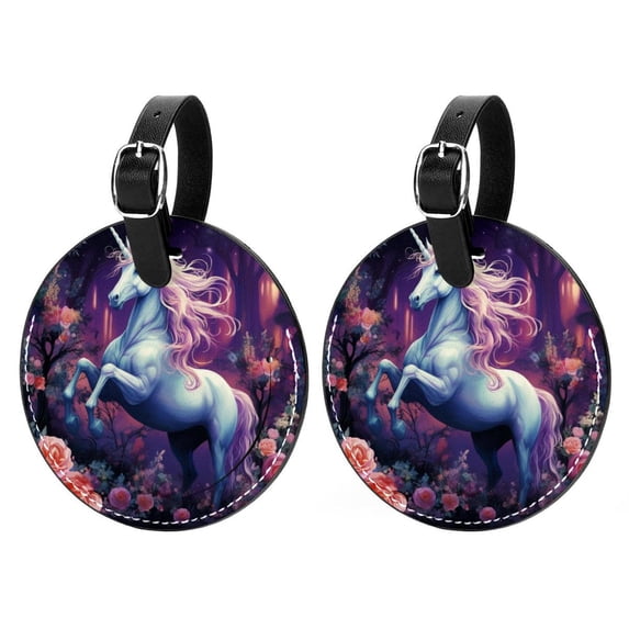 Unicorn 2pcs PU Leather Round Bag Tags with Privacy Cover and Name ID Tag - Suitcase Tags for Travel Luggage, Handbags, Backpacks, School Bags