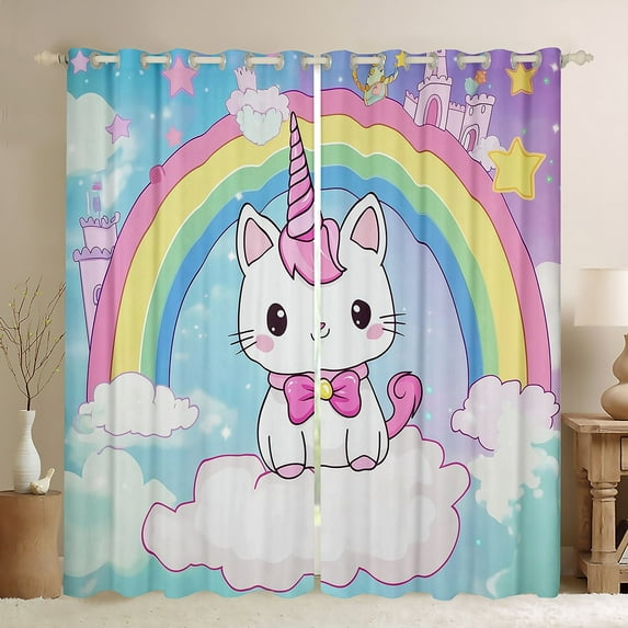Unicorn 2 Panels,(42Wx63L) 2 Panels Curtains Cartoon Cat 30%-50% Blackout Curtains Rainbow Stars Castle Curtains & Drapes,Kawaii Animals Pink And Blue Decor Window Curtains Teens