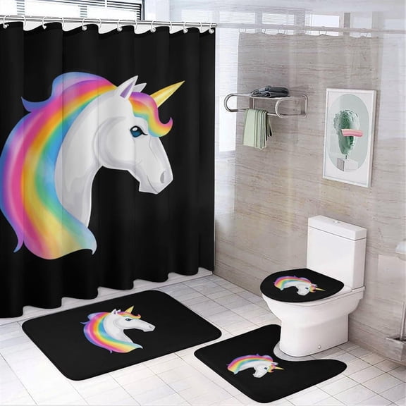 Unicorn 4Pcs Shower Curtain Set Washable Bathroom Sets with Toilet Lid Cover and Non-Slip Rug Bath Accessories Decor