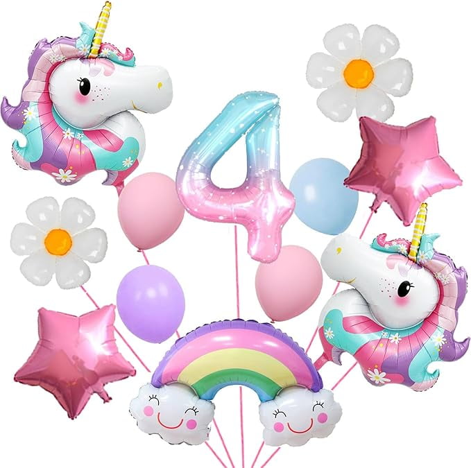 Unicorn 4rd Birthday Party Decorations for Girl Purple Pink Unicorn Party Theme Balloon Set, Daisy Balloon Rainbow Birthday digital balloon gender Reveal baby bath unicorn theme Party Decorations