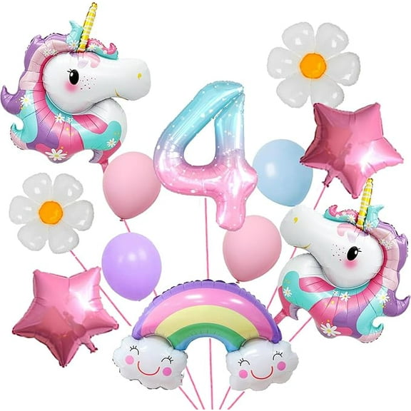Unicorn 4rd Birthday Party Decorations for Girl Purple Pink Unicorn Party Theme Balloon Set, Daisy Balloon Rainbow Birthday digital balloon gender Reveal baby bath unicorn theme Party Decorations