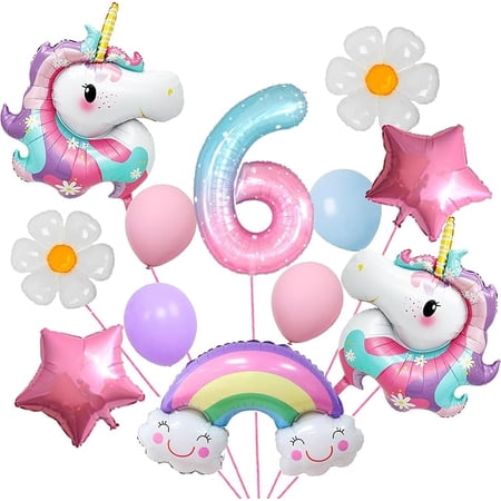 Unicorn 6rd Birthday Party Decorations for Girl Purple Pink Unicorn Party Theme Balloon Set, Daisy Balloon Rainbow Birthday digital balloon gender Reveal baby bath unicorn theme Party Decorations