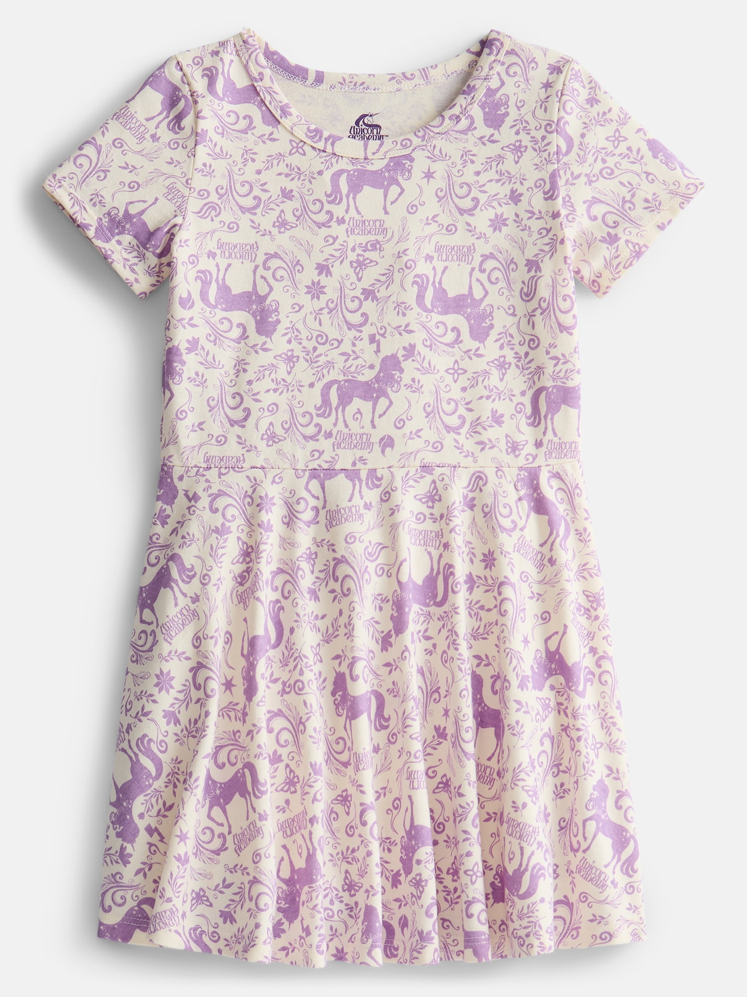 Unicorn Academy Girls Print Skater Dress with Short Sleeves, Sizes 4-12