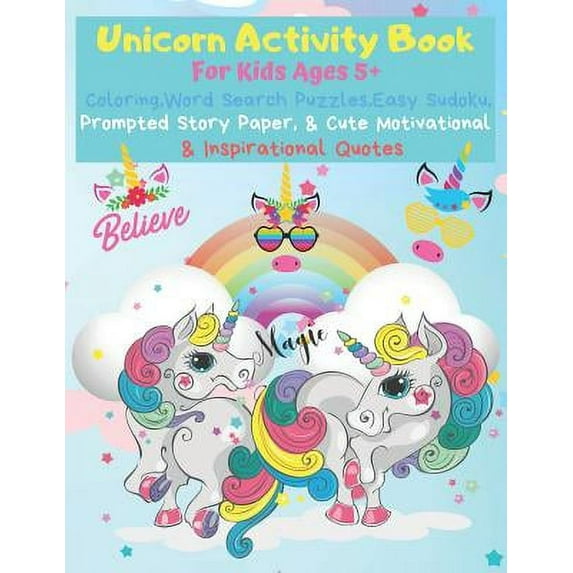 Unicorn Activity Book : Coloring, Word Search, Sudoku, & Prompted Story Paper for Kids (Paperback)