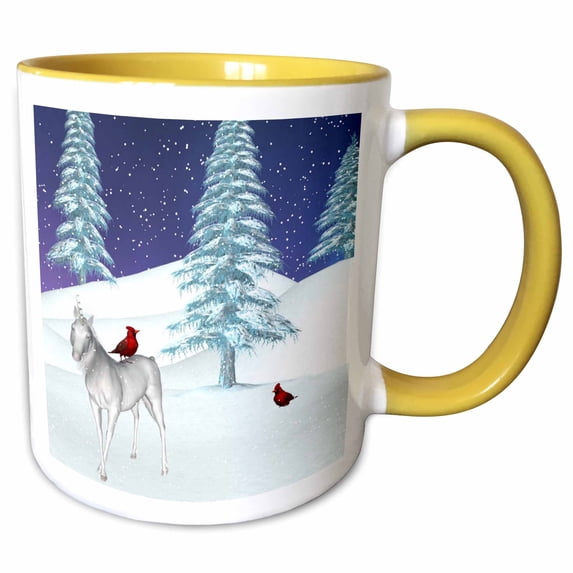 3drose, Unicorn and Cardinal in Winter, 11oz Two-tone Yellow Mug